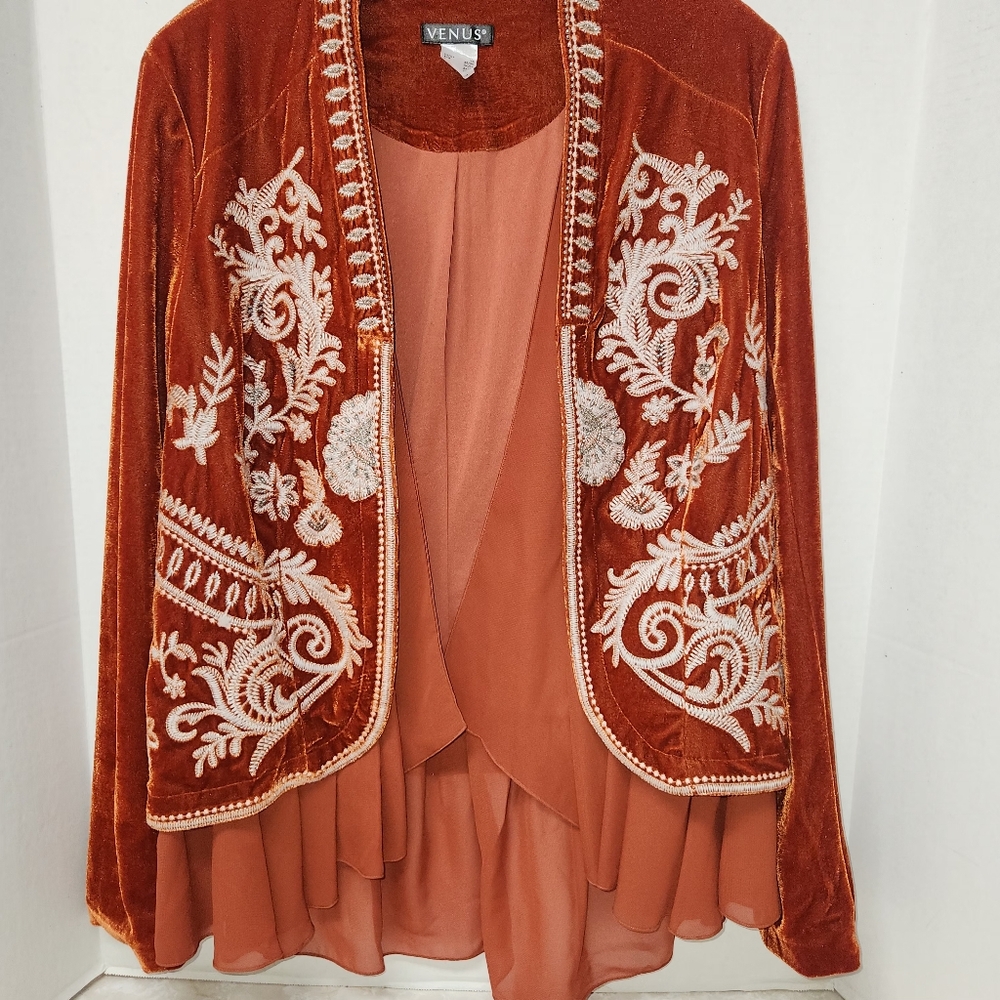 VENUS Burnt Orange Velvet Embroidered Open Blazer